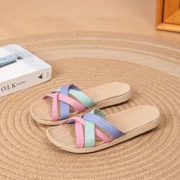 2025 Fluffy Linen Slippers for Women, Summer Indoor Anti-Slip Quiet Breathable Soft Sole Sandals