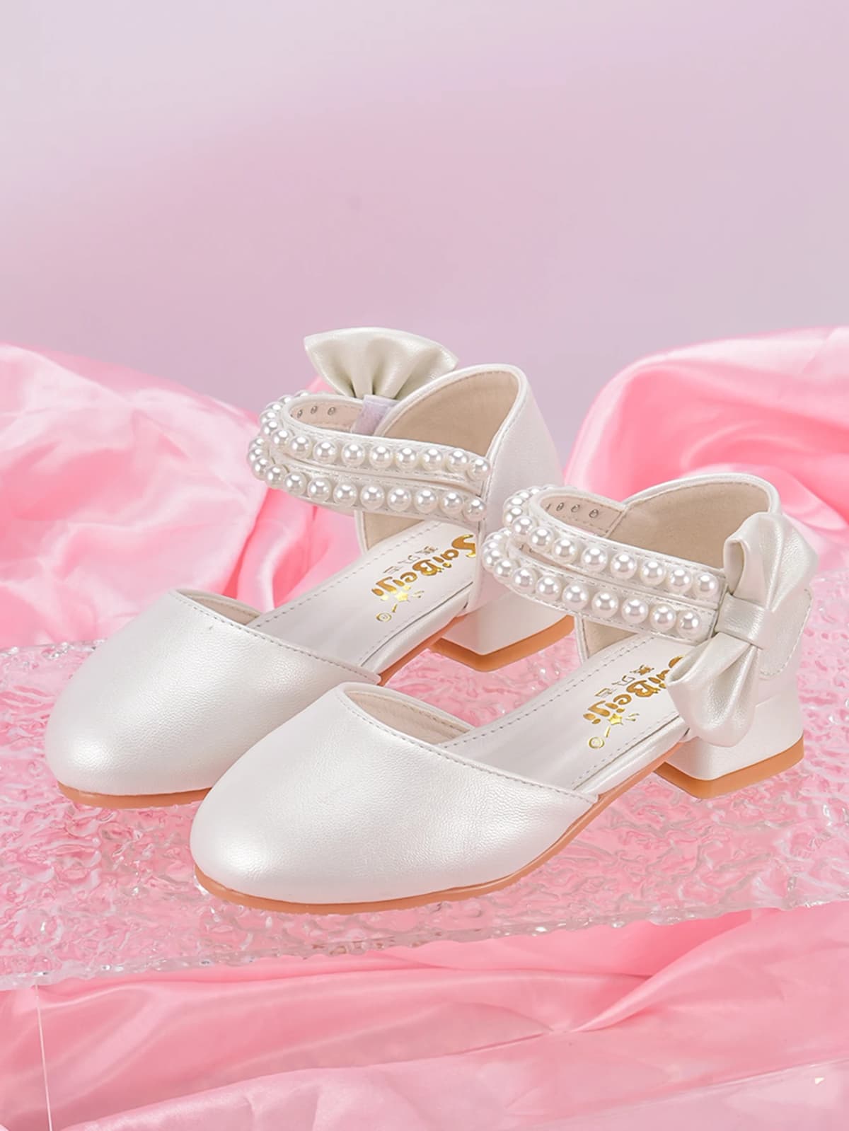 Children's Princess Shoes For Girls, Spring/Summer White Shoes With High Heels And Pearls For Big Kids