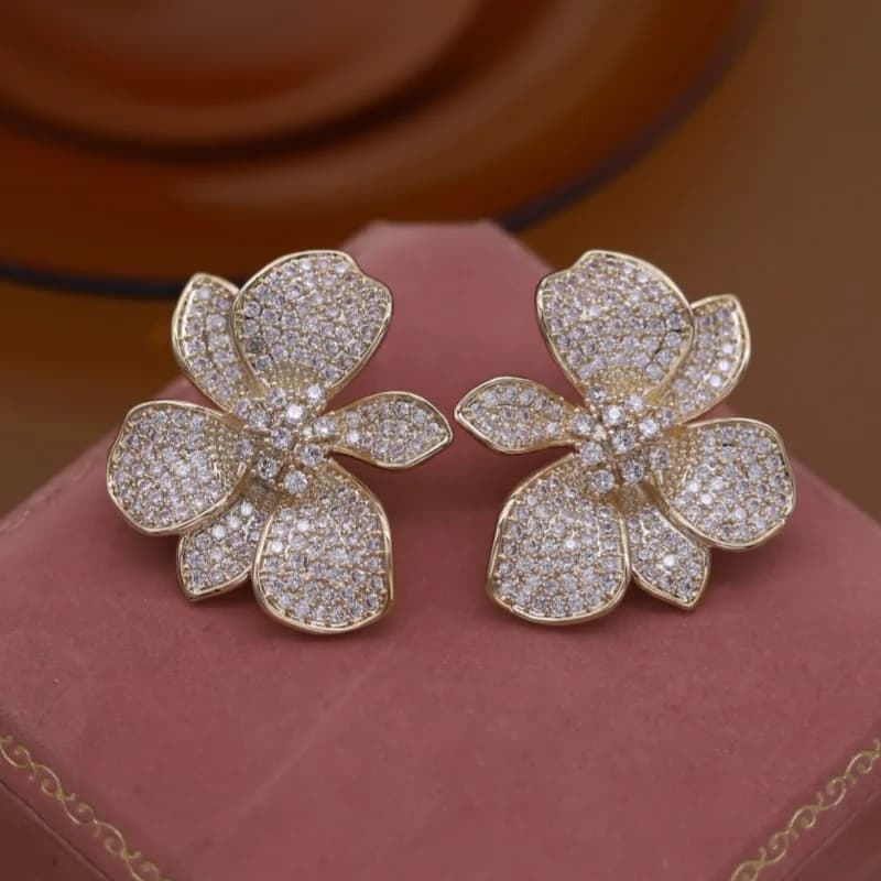 French new design fashion jewelry 14K gold plated luxury zircon exaggerated flower earrings elegant women's party accessories