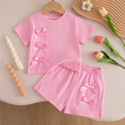 Baby Girl Set Summer Solid-Color Bow Short-Sleeve Top and Shorts Baby Girl Clothes Cute Beach Baby Outfit Set