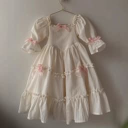 Dress Children Girl 2025 Summer New Style Cotton Bow Petal Sleeve Square Collar Ruched Tiered Skirt Courtly Style Princess