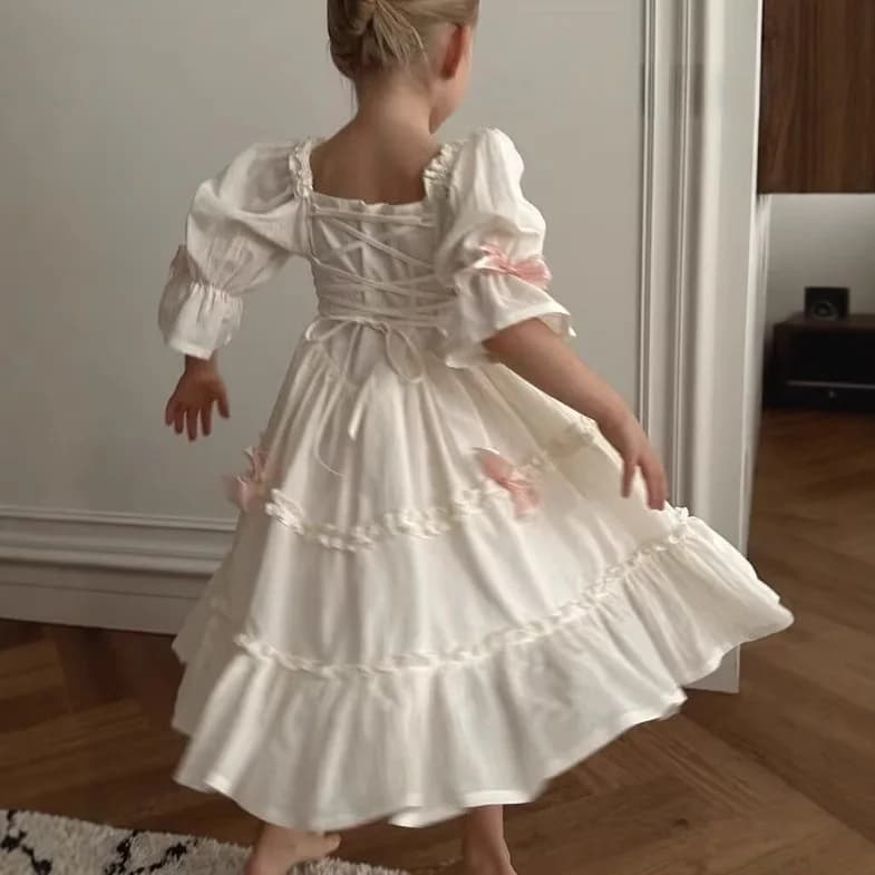 Dress Children Girl 2025 Summer New Style Cotton Bow Petal Sleeve Square Collar Ruched Tiered Skirt Courtly Style Princess