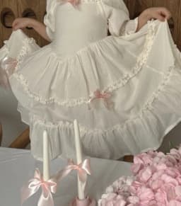 Dress Children Girl 2025 Summer New Style Cotton Bow Petal Sleeve Square Collar Ruched Tiered Skirt Courtly Style Princess