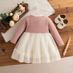 Autumn Toddler Baby Girl Pink Dress Bow Gentle Long Sleeved Yarn Dresses for Girl Party Dress