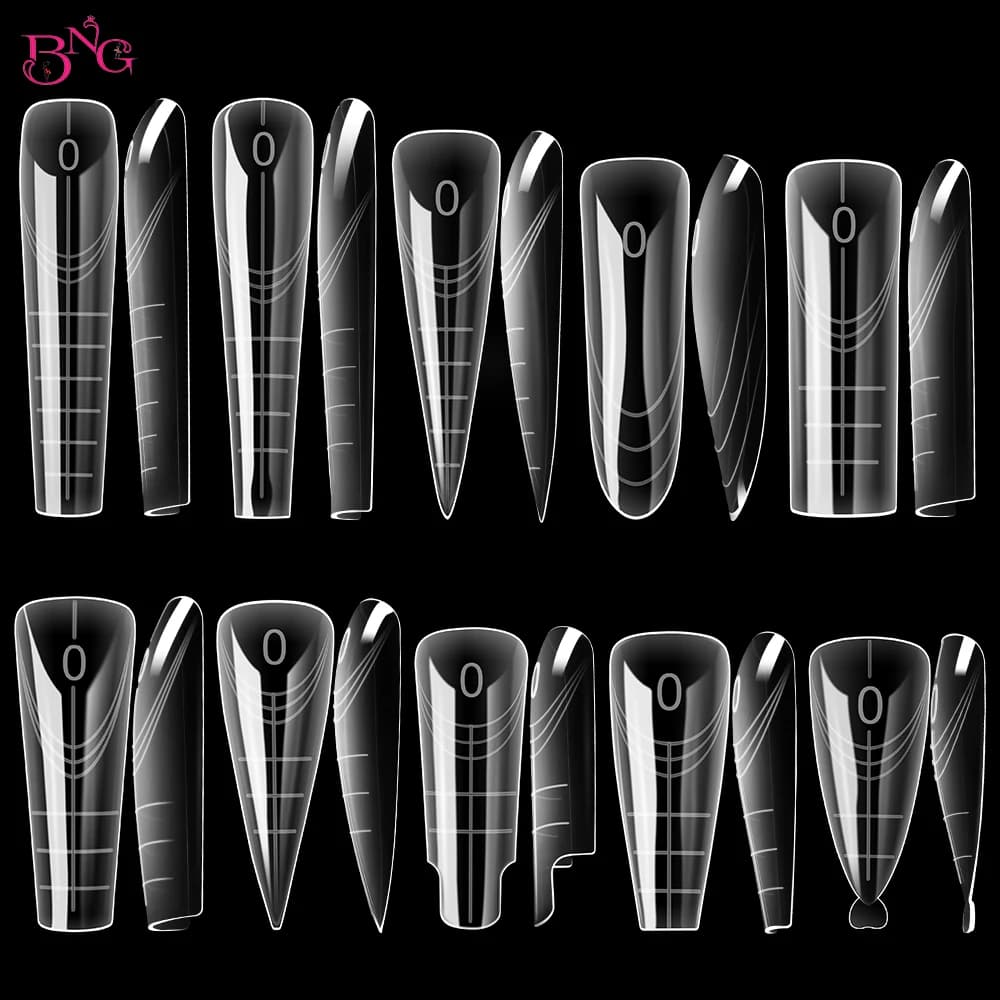 BNG New 70/140Pcs Clear Nail Dual Form Poly Extension Gel Molds Reusable Acrylic Nail Forms 12 Types False Tips with Scale Line