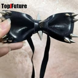 Women Personality Y2K Punk Harajuku Cool Gothic Lolita Necklace Halloween PU Rivet Bow Cosplay Party Chokers Choker Tie Hairpin