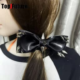 Women Personality Y2K Punk Harajuku Cool Gothic Lolita Necklace Halloween PU Rivet Bow Cosplay Party Chokers Choker Tie Hairpin