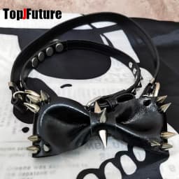 Women Personality Y2K Punk Harajuku Cool Gothic Lolita Necklace Halloween PU Rivet Bow Cosplay Party Chokers Choker Tie Hairpin