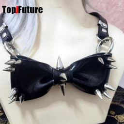 Women Personality Y2K Punk Harajuku Cool Gothic Lolita Necklace Halloween PU Rivet Bow Cosplay Party Chokers Choker Tie Hairpin