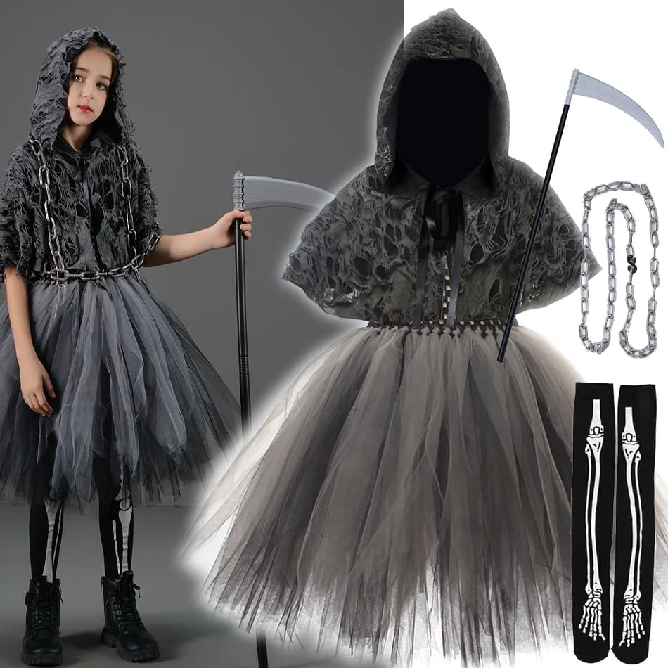 Halloween Death Dress Up Costume With Hoodies Girls Evil Role Playing Tulle Tutu Kids Carnival Party Fancy Sickle Chain Clothes