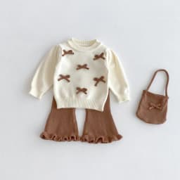 Baby Girl 3-Piece Knitted Outfit Set Autumn Cute Bowknot Cream Sweater + Brown Ruffle Flared Pants + Mini Bag Girls Clothing