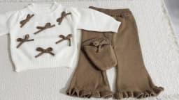 Baby Girl 3-Piece Knitted Outfit Set Autumn Cute Bowknot Cream Sweater + Brown Ruffle Flared Pants + Mini Bag Girls Clothing