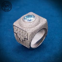 Luxury Big Square 925 Sterling Silver Hip Hop Rings Sea Blue Lab Diamond Wedding Band Ring Icy Out Cocktail Party Jewelry