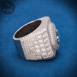 Luxury Big Square 925 Sterling Silver Hip Hop Rings Sea Blue Lab Diamond Wedding Band Ring Icy Out Cocktail Party Jewelry