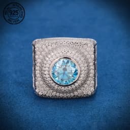 Luxury Big Square 925 Sterling Silver Hip Hop Rings Sea Blue Lab Diamond Wedding Band Ring Icy Out Cocktail Party Jewelry