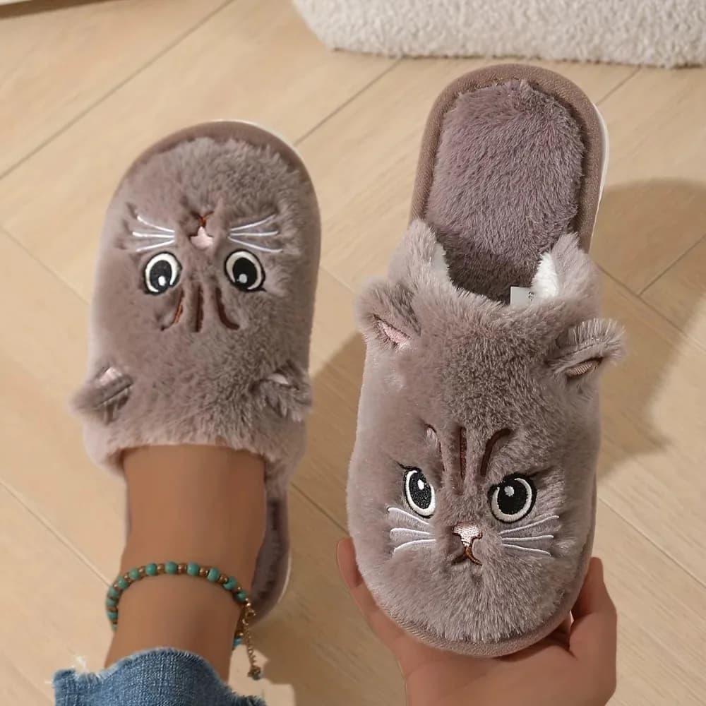 Womens Plush Cat Slippers Winter Warm Cozy Indoor House Shoes Soft EVA Sole Non-Slip Design