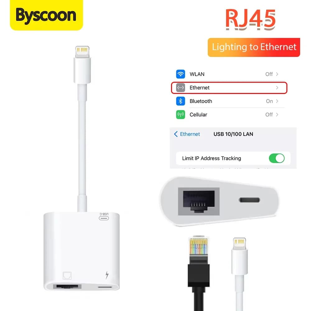 Byscoon Lightning to RJ45 Ethernet LAN Network Adapter with Charge Port for Select iPhone,iPad Models 100Mbps Plug and Play