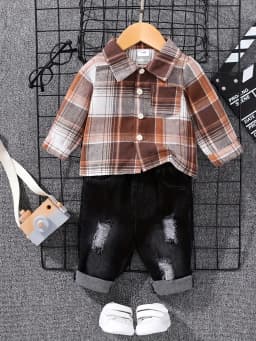 Boys' Spring Autumn Tartan Polo Shirt +-denim Long Trousers Two-piece Casual Outfit Boys Tweed Check Shirt