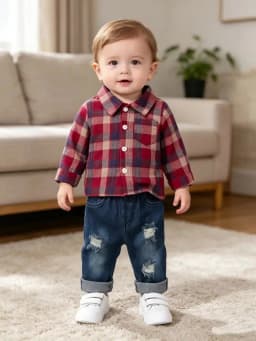 Boys' Spring Autumn Tartan Polo Shirt +-denim Long Trousers Two-piece Casual Outfit Boys Tweed Check Shirt