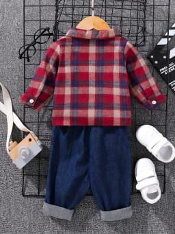 Boys' Spring Autumn Tartan Polo Shirt +-denim Long Trousers Two-piece Casual Outfit Boys Tweed Check Shirt