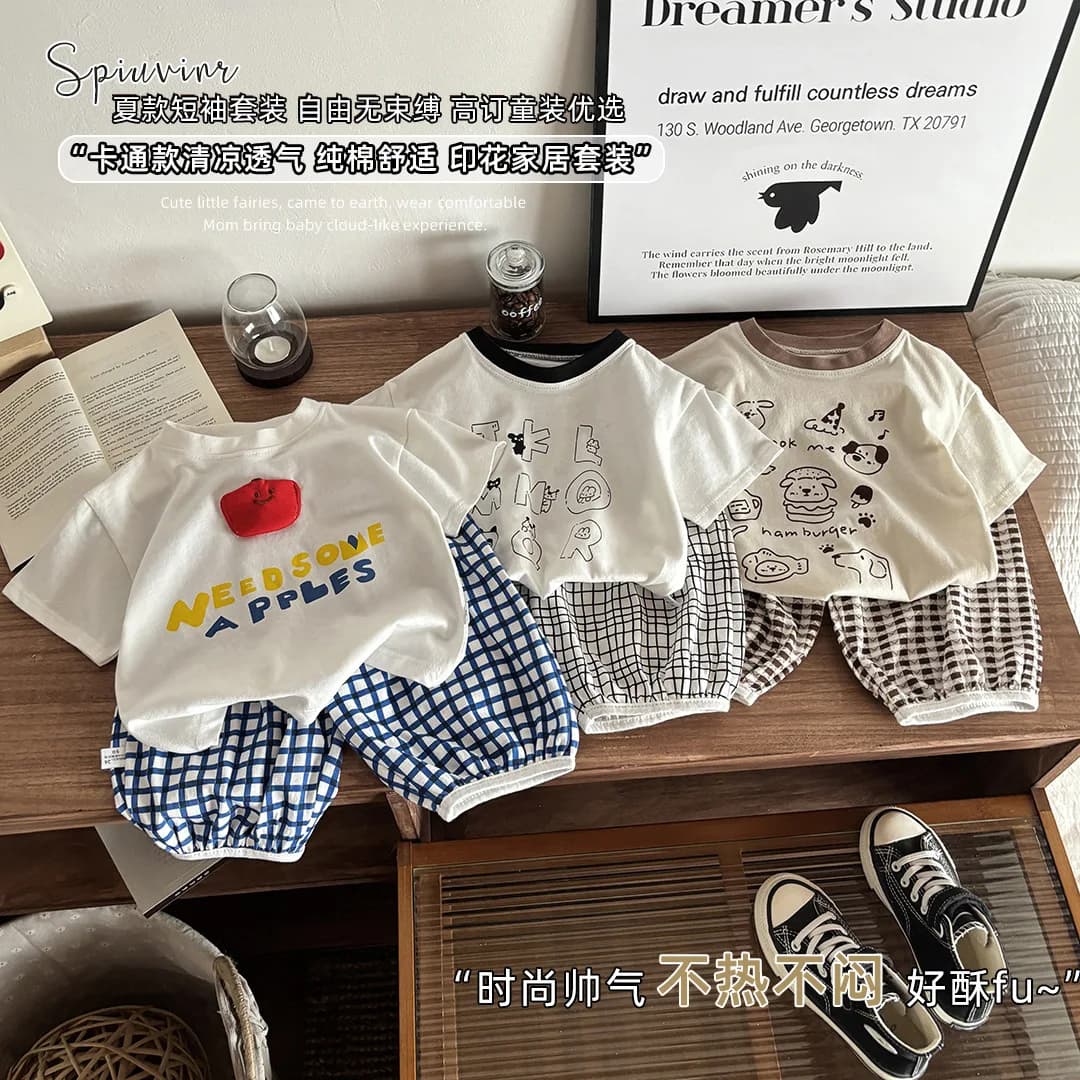 Kids' Plaid 2pcs Summer Outfit Boys' Graphic Letter T-Shirt Girls' Shorts Set Korean-Style Casual Matching Clothes for Toddlers