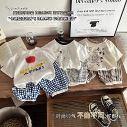 Kids' Plaid 2pcs Summer Outfit Boys' Graphic Letter T-Shirt Girls' Shorts Set Korean-Style Casual Matching Clothes for Toddlers
