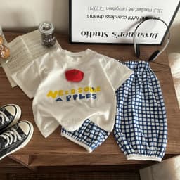 Kids' Plaid 2pcs Summer Outfit Boys' Graphic Letter T-Shirt Girls' Shorts Set Korean-Style Casual Matching Clothes for Toddlers