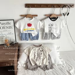 Kids' Plaid 2pcs Summer Outfit Boys' Graphic Letter T-Shirt Girls' Shorts Set Korean-Style Casual Matching Clothes for Toddlers