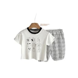 Kids' Plaid 2pcs Summer Outfit Boys' Graphic Letter T-Shirt Girls' Shorts Set Korean-Style Casual Matching Clothes for Toddlers