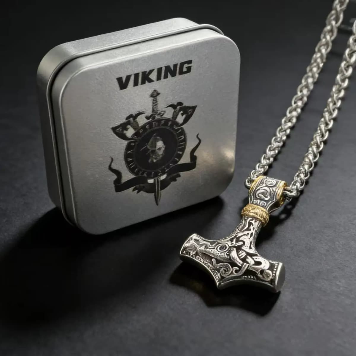316L Stainless Steel Nordic Odin Viking Rune Pendant Chain Necklace For Men Vintage Mjolnir Jewelry Accessory Gift Box