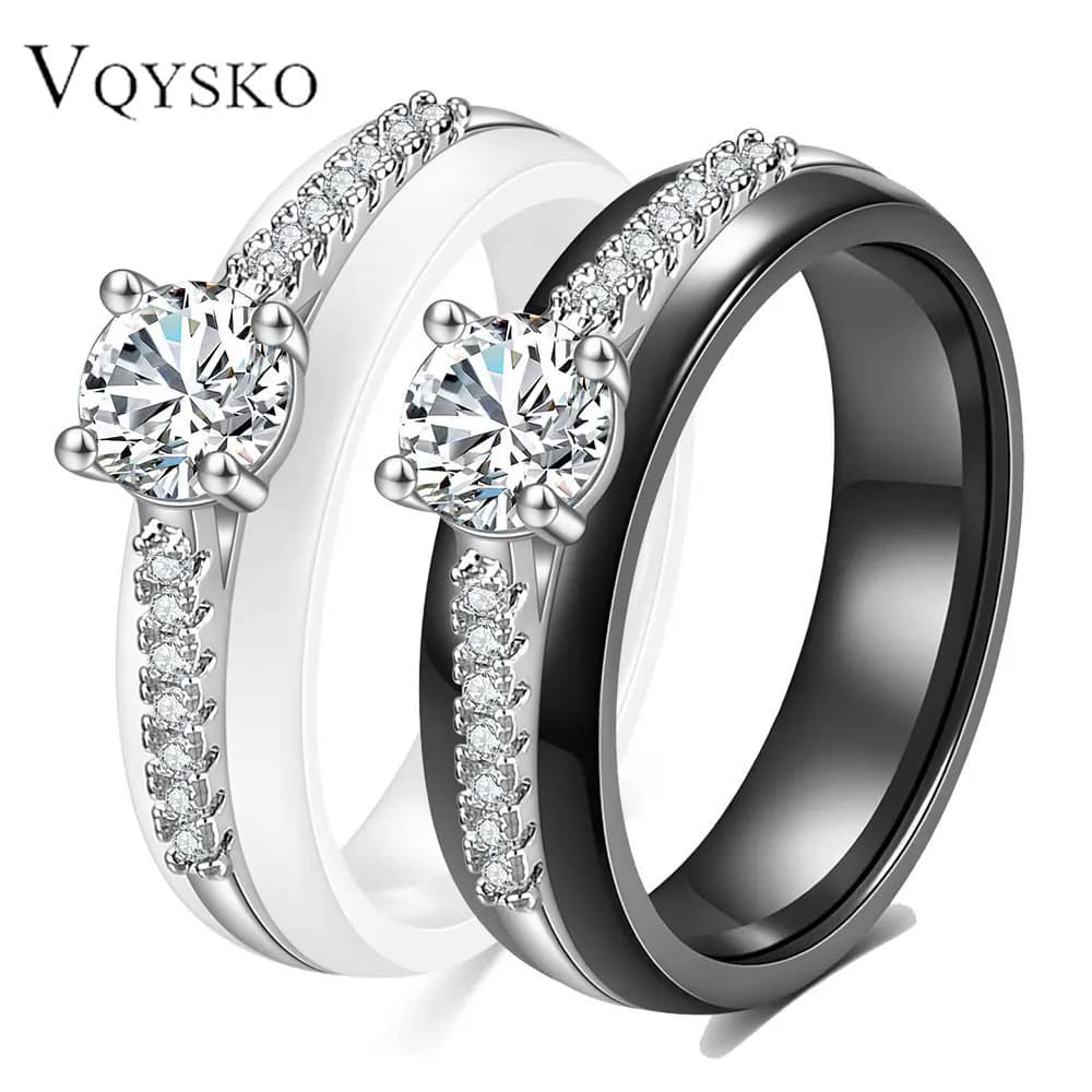 New Hot 6mm Black and White Ceramics Ring For Women Fashion Micro Inlaid Zircon Wedding Couple Rings Aesthetic Jewelry Gift