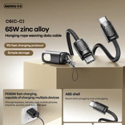 REMAX 65W Zinc Alloy Hanging Rope Braided Data Cable Type-c To Type-c PD65W High Power Fast Charge Usb Cable 20cm Length C6