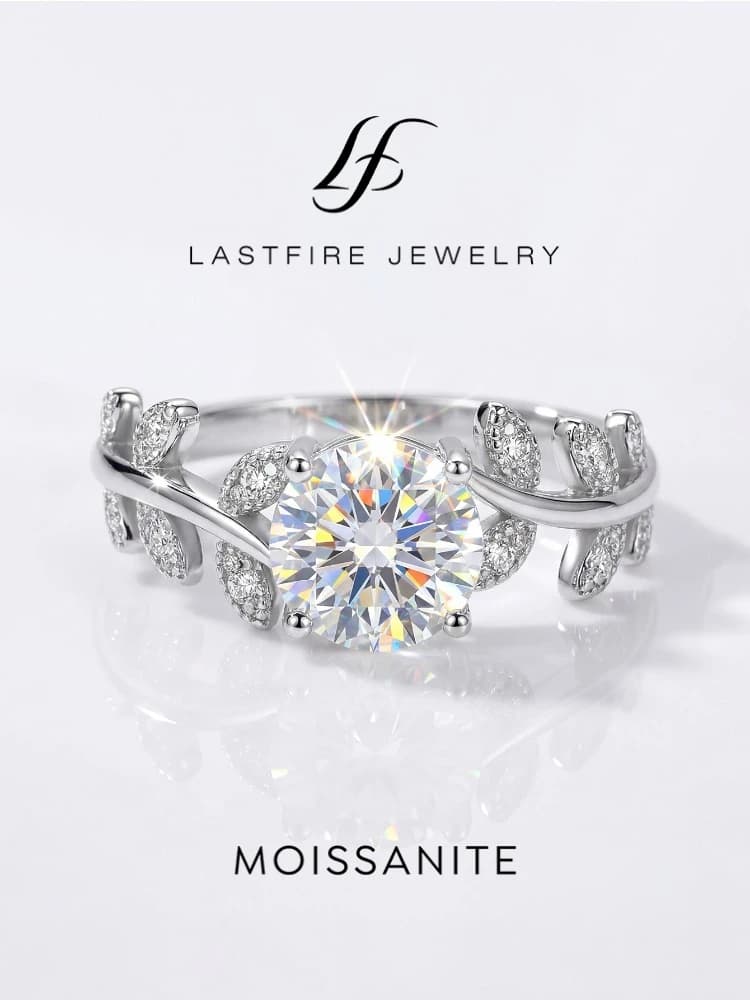 Luxury 1CT Certified Moissanite Diamond Leaf Round Ring for Women's Daily Anniversary 925 Sterling Silver Fine Jewelry