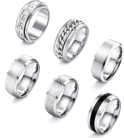 Bobisty 6Pcs Mens Rings 316L Stainless Steel for Men Women Vintage Thumb Engagement Ring Wedding Band Fidget Ring Set Jewel Gift