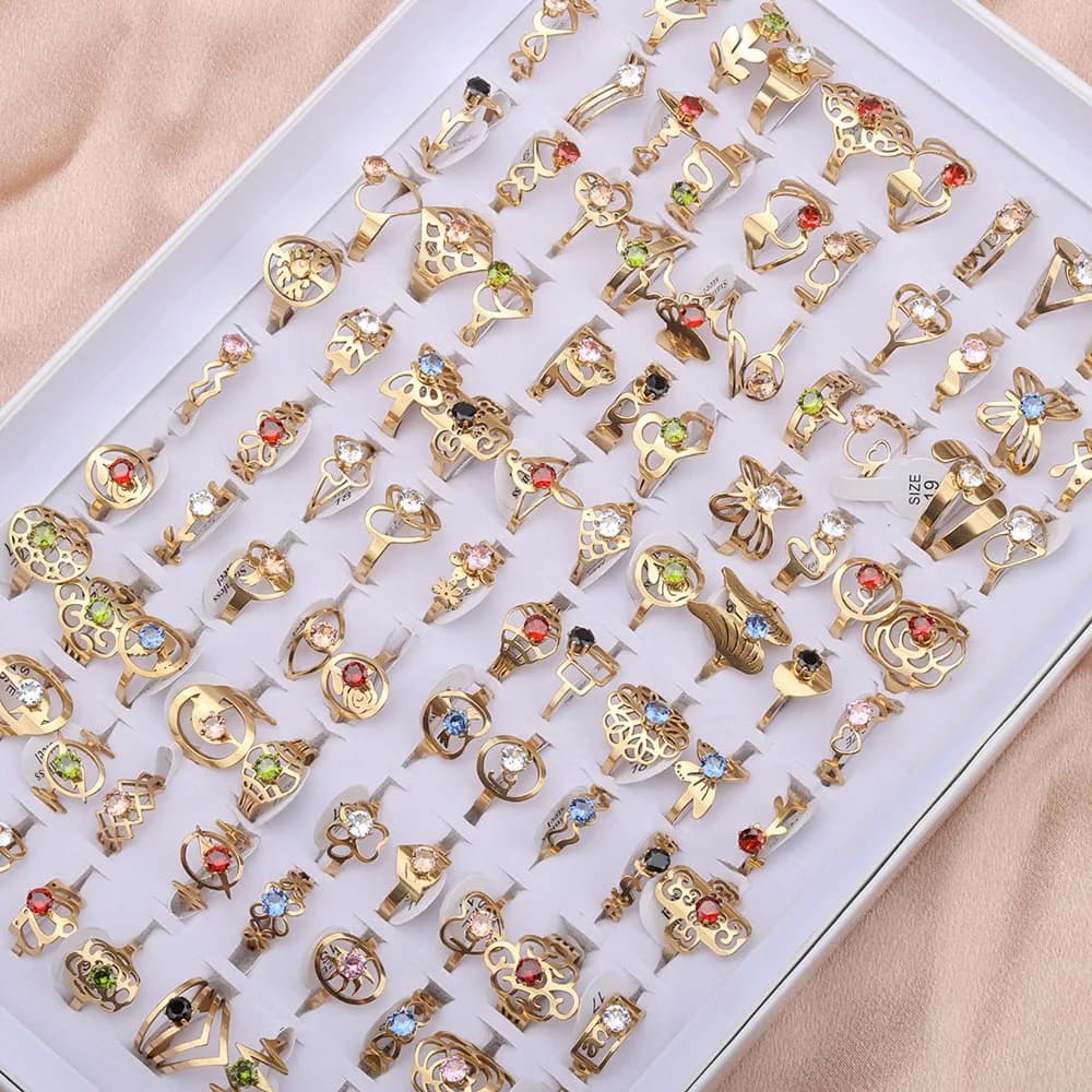 20 Pcs/Lot Flat Cut Pattern Mixed Colorful Zircon Stainless Steel Ring for Women's Wedding Jewelry Anniversary Gift