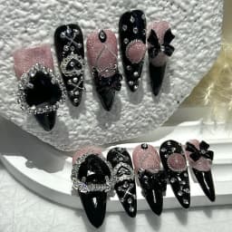 10PCS Y2K Gyaru Kei Black Pink Long Tip Handmade Press On Nails Jirai Bow Love Diamonds Glitter Fake Nails Kawaii Dark Nail Art