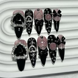 10PCS Y2K Gyaru Kei Black Pink Long Tip Handmade Press On Nails Jirai Bow Love Diamonds Glitter Fake Nails Kawaii Dark Nail Art