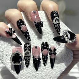 10PCS Y2K Gyaru Kei Black Pink Long Tip Handmade Press On Nails Jirai Bow Love Diamonds Glitter Fake Nails Kawaii Dark Nail Art