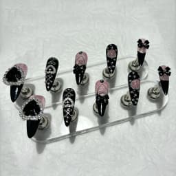 10PCS Y2K Gyaru Kei Black Pink Long Tip Handmade Press On Nails Jirai Bow Love Diamonds Glitter Fake Nails Kawaii Dark Nail Art