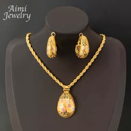 Original Textured Pendant with Chain Golden Necklace Hoop Earrings 2Pcs Jewelry Set for Women Dubai Bridal Wedding Party Gifts