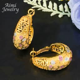 Original Textured Pendant with Chain Golden Necklace Hoop Earrings 2Pcs Jewelry Set for Women Dubai Bridal Wedding Party Gifts