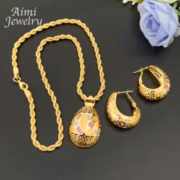 Original Textured Pendant with Chain Golden Necklace Hoop Earrings 2Pcs Jewelry Set for Women Dubai Bridal Wedding Party Gifts