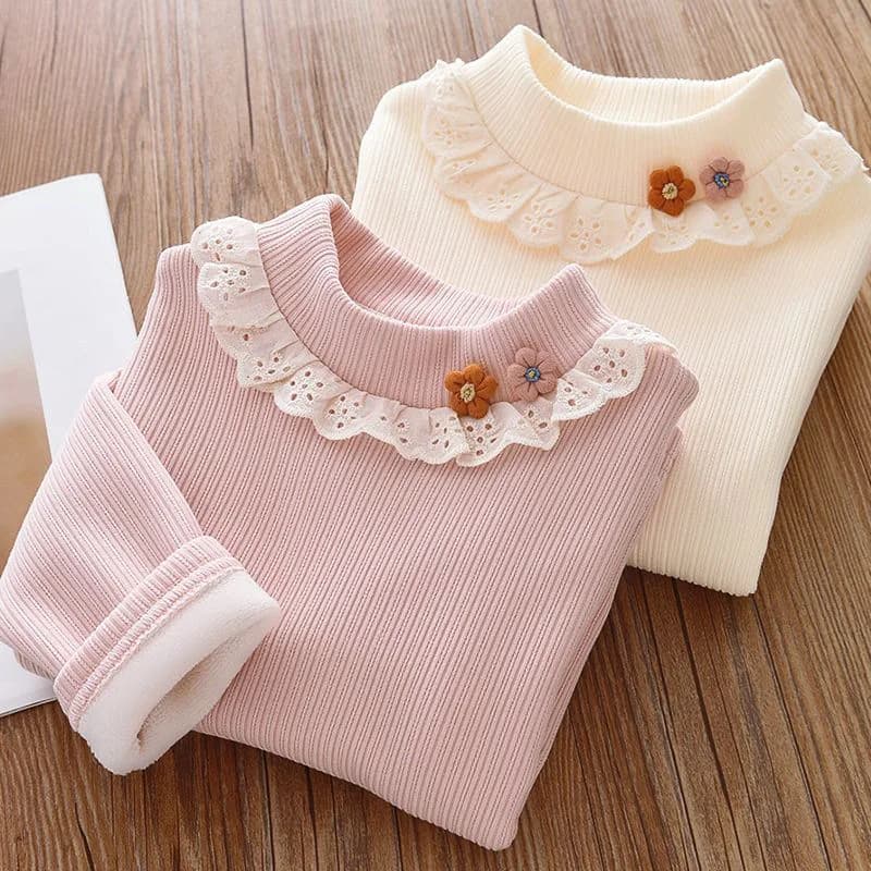 Girls' Winter Thermal Base Layer: Fleece-lined turtleneck with ruffle, jacquard knit—warm soft inner wear for older kids!