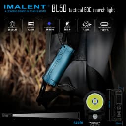 IMALENT BL50 EDC Flashlight 3600 Lumens Cree XHP50 HI LED Type-C Rechargeable Dual Light Source for Camping and Work Lights.