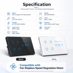 Melery Wifi Smart Tuya Light 4Gang Switch Fan Speed Interruptor Glass Touch Sensor Panel Power Monitor Remote Alexa Google Home