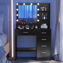 Black Dressing Table with 5 Drawers and Lighted Mirror Makeup Vanity Desk