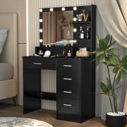 Black Dressing Table with 5 Drawers and Lighted Mirror Makeup Vanity Desk