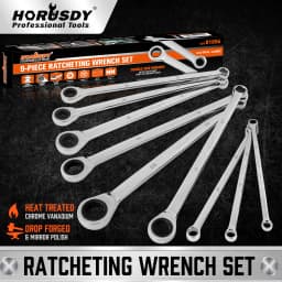 HORUSDY 9Pc Extra Long Ratchet Spanner Set Aviation Double End 8-22mm w/t Pouch