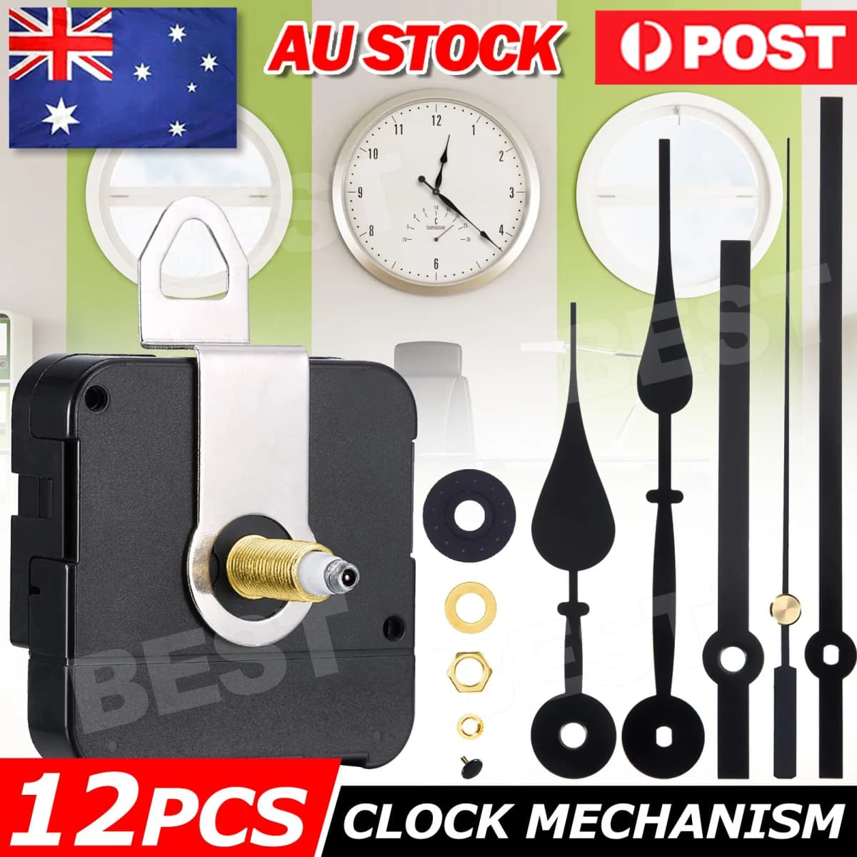 12pcs Wall Clock Quartz Movement Motor Mechanism Long Spindle Hands Repair Kit