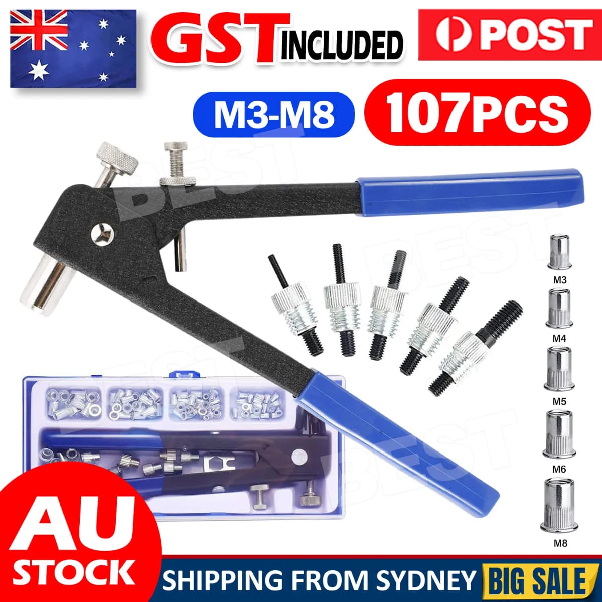 107x Riveter Nut Nutsert Tool Rivnut Gun Wrench Nuts Riveting Kit Mandrels M3-M8